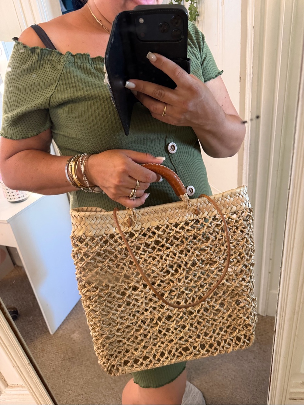 Woven Straw Tote with Brown Leather-Wrapped Handles - Picture 9 of 12